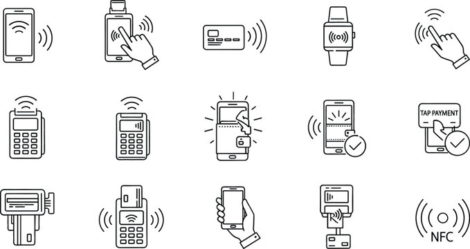 Contactless payment and NFC technology line icon set featuring smartphone tap pay POS terminal smartwatch wireless transaction and secure mobile payment systems