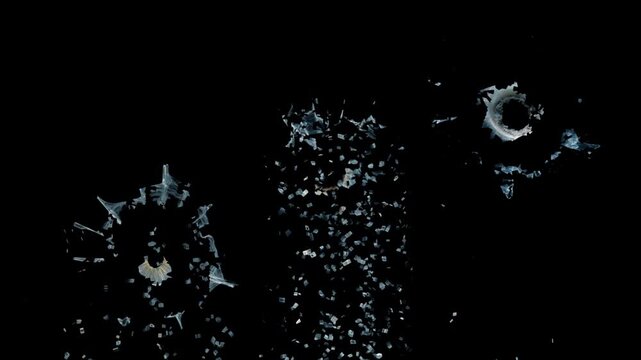 Broken cracks glass hitting by bullets three times in a row with alpha transparent background