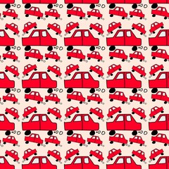 Fototapeta premium Seamless pattern of hand drawn red car doodles on cream background for kids fabric textile wrapping paper and wallpaper design.