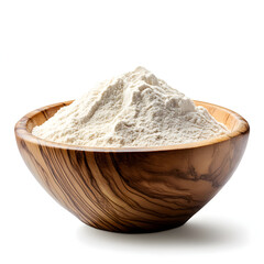 Obraz premium White flour in a rustic olive wood bowl isolated on a white background