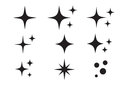 Sparkling stars and twinkles silhouette set. Black star burst and shine icons for magic, night sky, and festive decoration vector illustration.