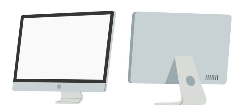 Two modern monitors stand side by side. One shows blank screen, the other displays back view. Minimalist design suits digital or tech-focused visuals. Ideal for web design, startup presentations