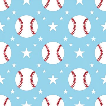 Repeated baseball and star pattern on light blue background