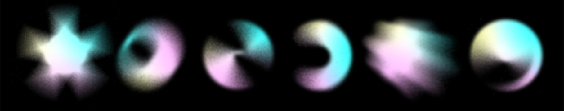 Gradient blur hologram shape. Abstract circle figure noise effect. Defocused grunge element gradation color. Fluid paint brush, aura, mesh blurry flow forms. Vector shape for modern gradient design