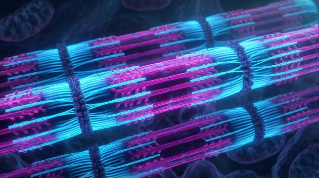 Microscopic view of striated muscle fibers showing sarcomeres actin and myosin filaments