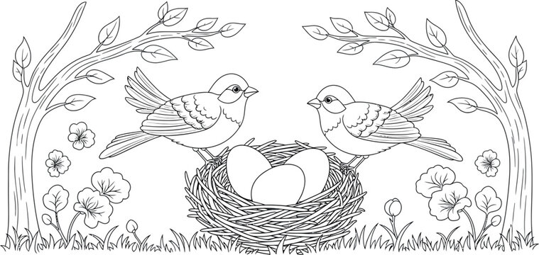 A charming line art illustration of two adorable parent birds guarding their precious nest filled with three eggs, set amidst a serene natural landscape for a delightful coloring page activity.