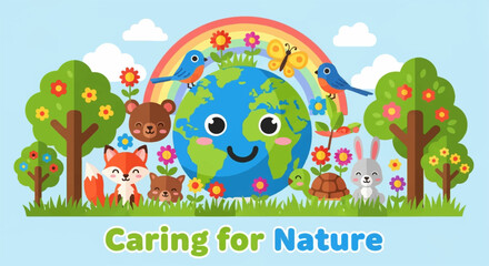Obraz premium Colorful illustration of a smiling earth with animals and trees promoting environmental care and conservation