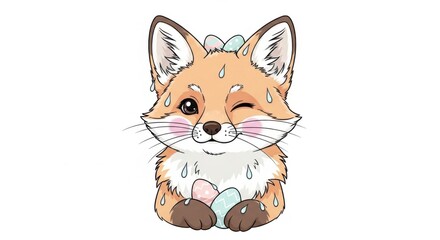 Fototapeta premium Adorable Winking Fox with Easter Eggs - A Charming Cartoon Illustration.
