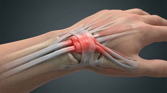 Anatomical view of human wrist tendons with inflammation and pain anatomy