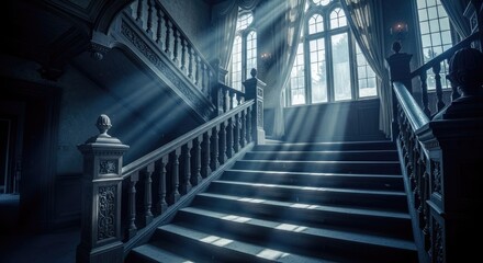 Fototapeta premium Ornate wooden staircase interior receives dramatic shafts of daylight through tall windows