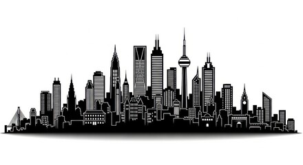 Naklejka premium Detailed Black and White Cityscape Silhouette with Modern Architecture.
