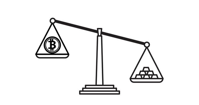 Scale tips toward gold bars, symbolizing value comparison. Bitcoin icon balances against physical wealth. Visual metaphor for digital vs traditional assets. Useful for finance, crypto