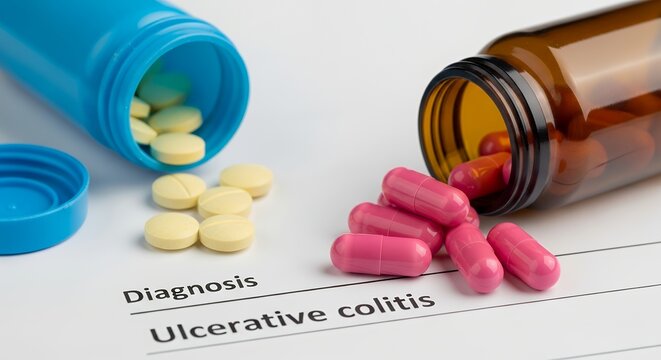 Ulcerative colitis diagnosis with pills and medical prescription on white background