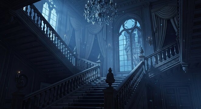 Ornate dark interior staircase ascends beneath a grand crystal chandelier and tall gothic window.
