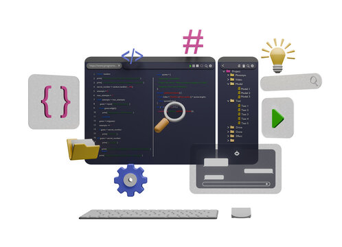 3D Render Illustration of Software Development Workspace with Coding Icons and Chat Folder Interface