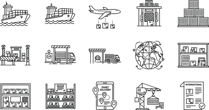 Global logistics and supply chain management line icon set featuring cargo ship airplane warehouse delivery tracking inventory distribution and international trade operations