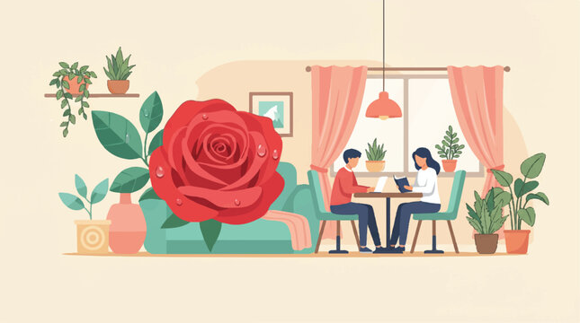 couple working on laptops at home with plants and a large red rose