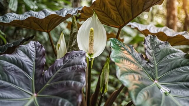 Close up view of the distinctive white flower of an Alocasia plant flourishing in a tropical rainforest with birdsong