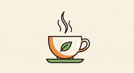 Obraz premium Steaming cup of tea with green leaf on a saucer symbolizing relaxation and calmness in a cozy setting