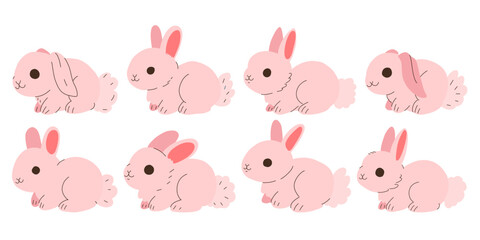 Obraz premium Cute pink Easter bunny rabbit isolated on white background. Hand drawn Little cartoon hare rabbit. Color decoration flat vector card illustration.