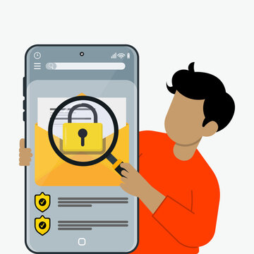 Smartphone email security concept with young man holding  magnifier to searching padlock on screen. Showing data protection, privacy, secure message scanning, and cybersecurity awareness.