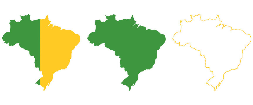 Brazil Map Set with Flag Colors and Outline, Geographic Country Vector Illustration Collection