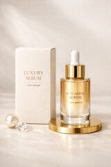 Luxury anti aging serum bottle with elegant cosmetic packaging beauty skincare product display