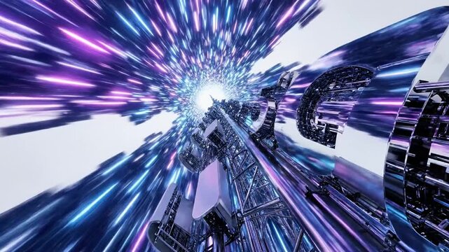A futuristic, metallic tunnel with vibrant purple and blue lights radiating from a central point, creating a sense of depth and motion. Defects No defects found