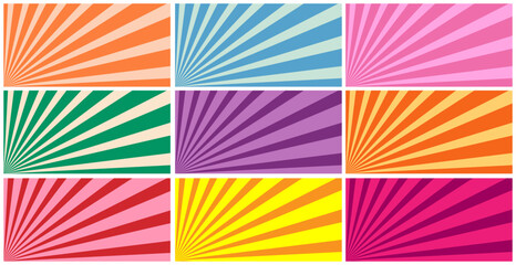 Obraz premium Vibrant Set of 9 Sunburst Ray Backgrounds Vector Collection with Radial Stripes in Various Bright Colors for Marketing and Design