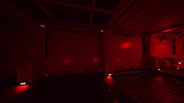 red lit industrial cargo bay empty, silent with low emergency glow, metal floor grates and support beams, distant control panels flickering, thin atmospheric
