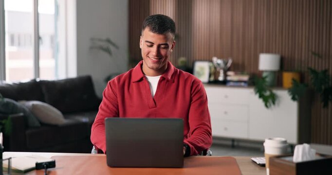 Laptop, reading and man in home for remote work, editing and review article for online publication. Freelancer, smile or journalist with computer for story revision, fact check or news feature draft