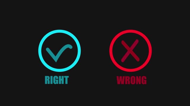 Checkmark and Cross Symbols for Right and Wrong Concepts in Cyan and Red on Black Background for Education and Decision Making Processes.