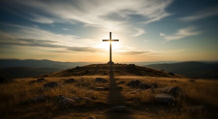 Easter sunday resurrection cross on a hill at sunrise