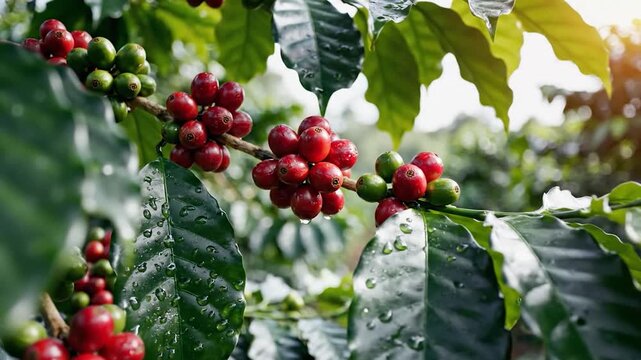 Close-up of ripe red and green coffee beans growing on a branch with water