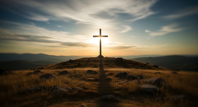 Easter sunday resurrection cross on a hill at sunrise