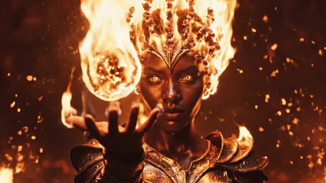 Fire Goddess with Flaming Hair and Golden Armor in Mythical Fantasy Setting
