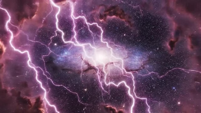 Vibrant cosmic nebula with bright lightning bolts illuminating the starry