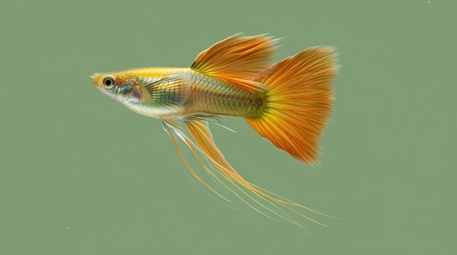 Gold Ribbon Guppy Motion, swimming against a pale green background.