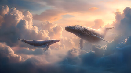 Fototapeta premium Fantasy Whales Flying in a Dreamy Cloudscape at Sunset