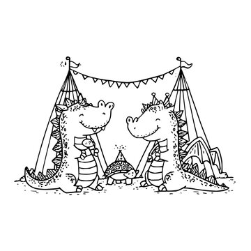 Two smiling cartoon dragons in striped shirts standing in front of a tent with a bunting festive camping scene with a small fire pit