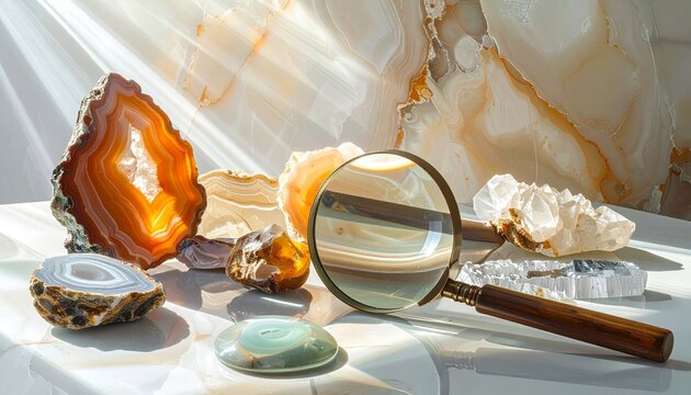 Agate Slices and Rough Stones Examined With Magnifying Glass