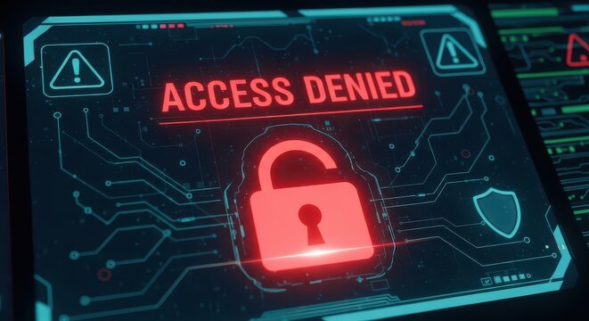 A red, glowing padlock icon on a digital interface signifies an 'ACCESS DENIED' message with warning symbols.