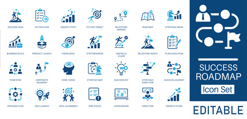 Success Roadmap and Strategy solid icon set. Featuring goal achievement, action plan, milestone tracking, career growth, and strategic planning. Solid vector icons for startup and business projects.