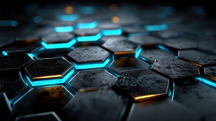 Fototapeta premium Futuristic hexagon pattern, glowing blue edges, dark metal texture, sci-fi armor background, honeycomb structure, high tech 