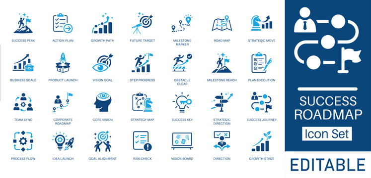 Success Roadmap and Strategy solid icon set. Featuring goal achievement, action plan, milestone tracking, career growth, and strategic planning. Solid vector icons for startup and business projects.