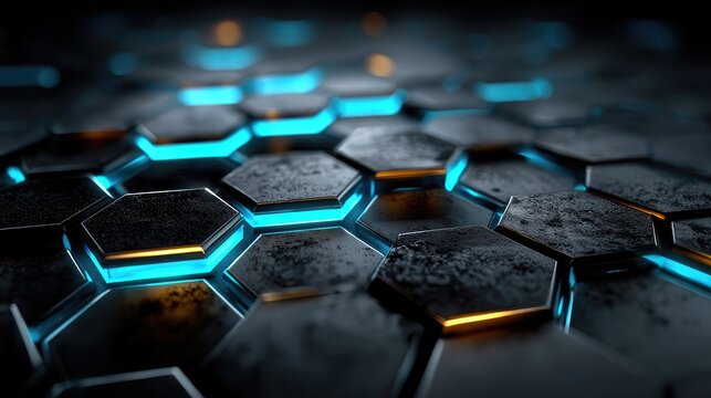 Futuristic hexagon pattern, glowing blue edges, dark metal texture, sci-fi armor background, honeycomb structure, high tech 