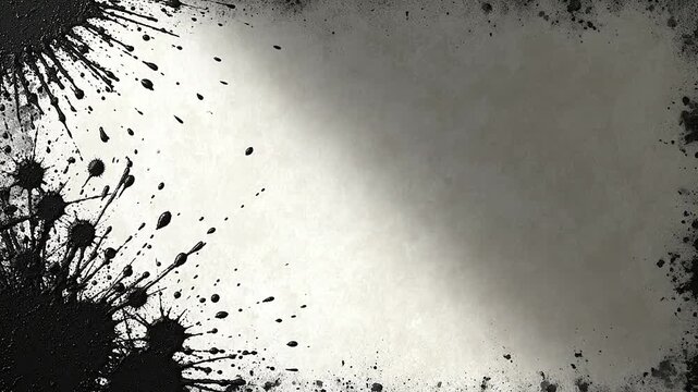 Abstract black ink splatters on a textured light background