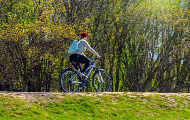 Fototapeta premium Cyclist ride on the bike path in the city Park 