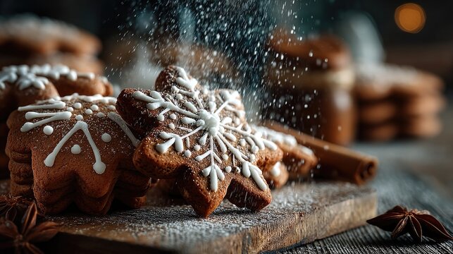 Gingerbread cookies background, homemade holiday treats, flour dusting, wooden table surface, cozy christmas baking concept 