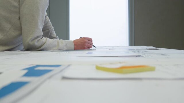 Professional architect reviewing building blueprints and discussing project details in a modern office setting, close-up of hands and technical drawings.